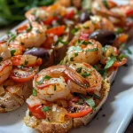 ['Close-up of shrimp crostini topped with colorful vegetables and cottage cheese.', 'Side view of a toasted bread slice with shrimp, olives, and tomatoes.', 'Garnished shrimp crostini with fresh arugula and a drizzle of olive oil.', 'Appetizing shrimp crostini with a variety of Mediterranean ingredients.']