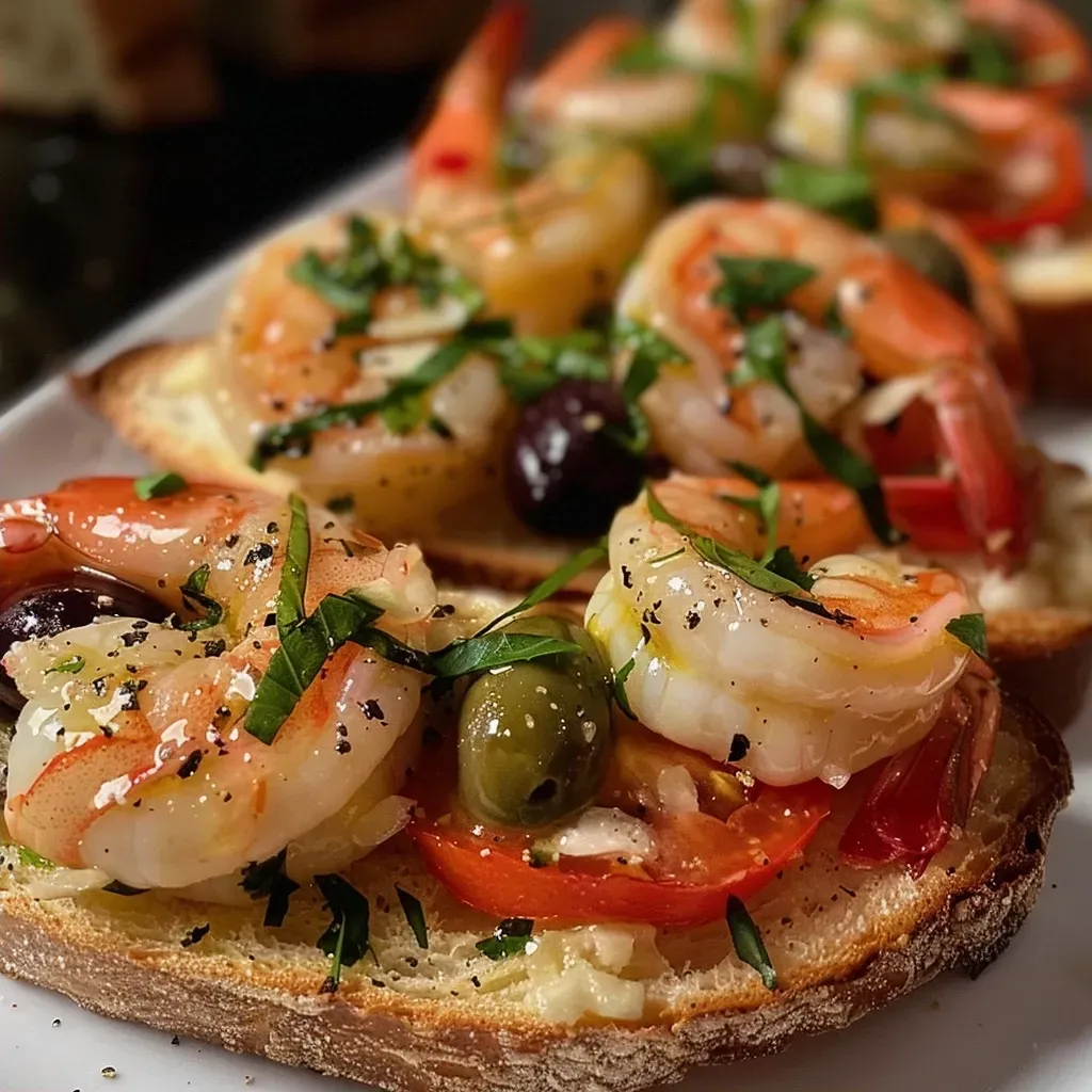 ['Close-up of shrimp crostini topped with colorful vegetables and cottage cheese.', 'Side view of a toasted bread slice with shrimp, olives, and tomatoes.', 'Garnished shrimp crostini with fresh arugula and a drizzle of olive oil.', 'Appetizing shrimp crostini with a variety of Mediterranean ingredients.']