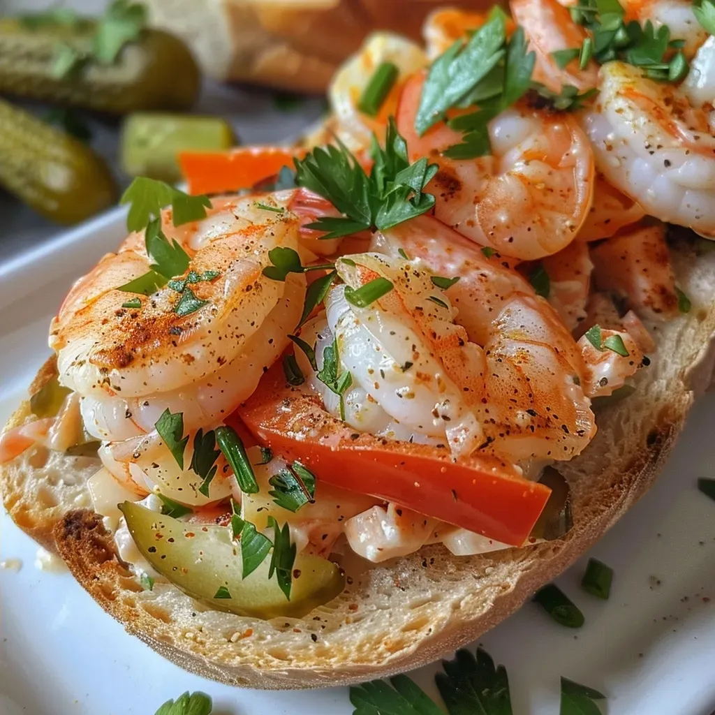 ['Close-up view of a shrimp salad sandwich with vibrant colors and textures.', 'Side perspective of a juicy shrimp salad sandwich filled with shrimp and vegetables.', 'A delicious shrimp salad sandwich showcasing shrimp and colorful ingredients in a bun.', 'Detailed image of a shrimp salad sandwich featuring fresh shrimp and greens.']