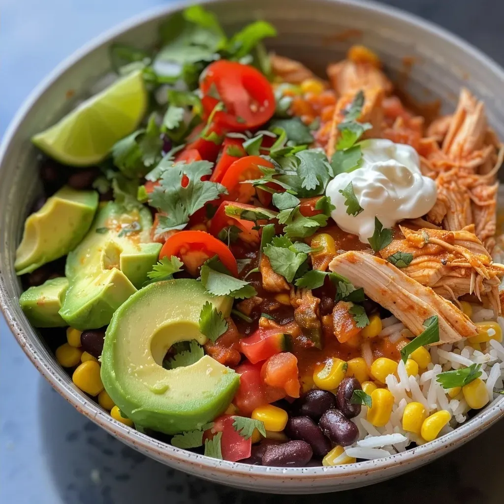 ['Close-up of a hearty chicken burrito bowl with beans, corn, and avocado.', 'Side view of a slow cooker chicken burrito bowl filled with colorful ingredients.', 'Delicious slow cooker chicken burrito bowl topped with shredded cheese and cilantro.', 'Juicy chicken burrito bowl featuring diced tomatoes, sour cream, and lime.']