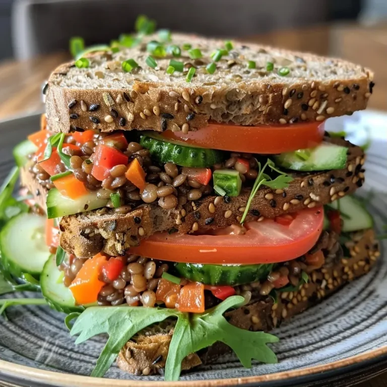 ['A side view of a Smashed Lentil Salad Sandwich stacked on multigrain bread with colorful vegetables peeking out.', 'Close-up shot of a Smashed Lentil Salad Sandwich filled with lentils, fresh vegetables, and greens on multigrain bread.', 'A detailed view of a Smashed Lentil Salad Sandwich with sliced tomatoes and microgreens on the side, showcasing vibrant colors.', 'A Smashed Lentil Salad Sandwich presented on a plate, highlighting the layers of vegetables and textures of the multigrain bread.']