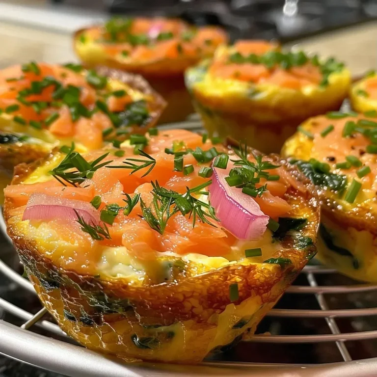 ['Close-up view of two Smoked Salmon Egg Muffins on a plate.', 'Side view of a single Smoked Salmon Egg Muffin topped with fresh dill.', 'Juicy Smoked Salmon Egg Muffins displayed on a wooden board.', 'A plate of Smoked Salmon Egg Muffins with spinach and herbs.']