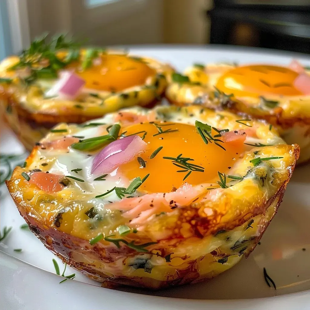 ['Close-up view of two Smoked Salmon Egg Muffins on a plate.', 'Side view of a single Smoked Salmon Egg Muffin topped with fresh dill.', 'Juicy Smoked Salmon Egg Muffins displayed on a wooden board.', 'A plate of Smoked Salmon Egg Muffins with spinach and herbs.']