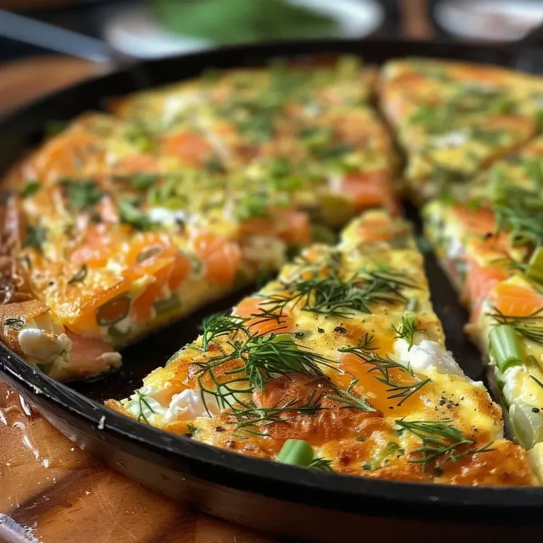 ['Close-up view of a smoked salmon frittata with vibrant colors and textures.', 'Side view of a fluffy smoked salmon frittata, highlighting its ingredients.', 'A beautifully cooked smoked salmon frittata, showing layers of salmon and herbs.', 'Detailed shot of a smoked salmon frittata featuring fresh greens and creamy goat cheese.']