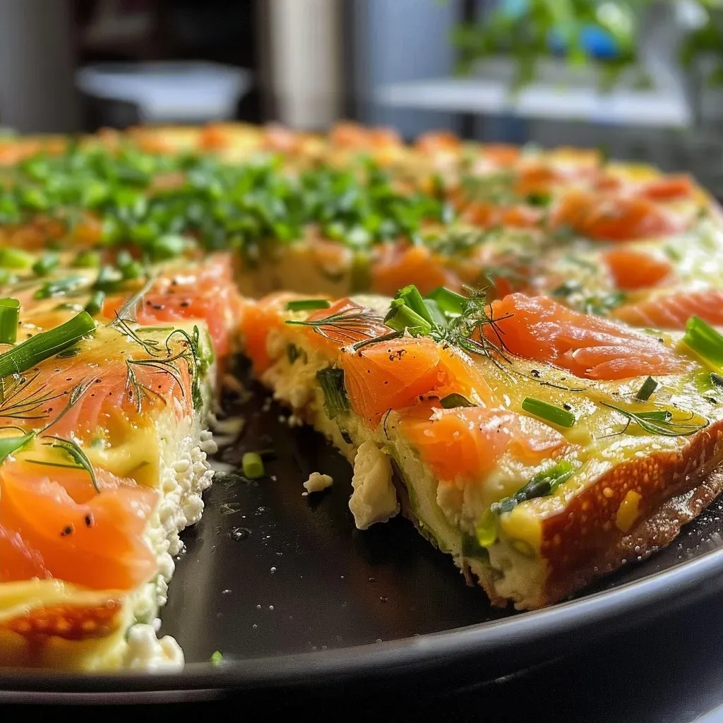 ['Close-up view of a smoked salmon frittata with vibrant colors and textures.', 'Side view of a fluffy smoked salmon frittata, highlighting its ingredients.', 'A beautifully cooked smoked salmon frittata, showing layers of salmon and herbs.', 'Detailed shot of a smoked salmon frittata featuring fresh greens and creamy goat cheese.']
