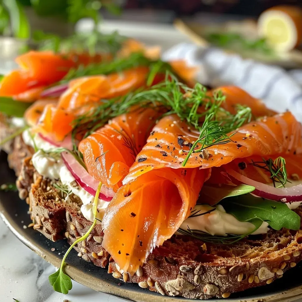 ['Close-up view of a smoked salmon sandwich on rye bread with fresh herbs.', 'Delicious smoked salmon sandwich featuring cream cheese and arugula, side view.', 'Juicy smoked salmon sandwich with red onion and herbs, captured with an iPhone.', 'Tasty smoked salmon sandwich showcasing layers of smoked fish and cream cheese.']