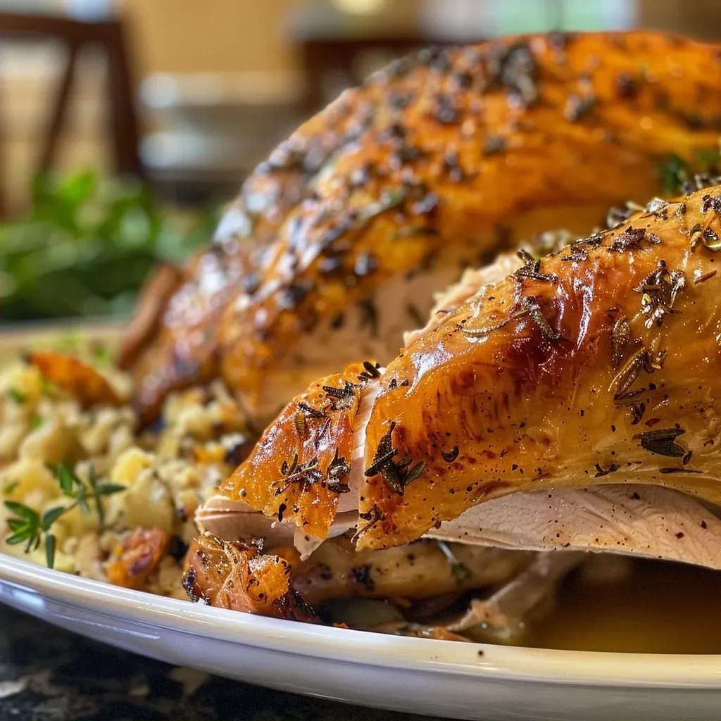 ['Close-up view of juicy smoked turkey thighs garnished with herbs.', 'Side profile of succulent smoked turkey thighs with crispy skin.', 'Detailed shot of smoked turkey thighs glistening with olive oil and balsamic.', 'Enhanced image of flavorful smoked turkey thighs ready to serve.']