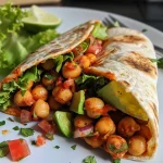 ['Close-up of a spicy chickpea and avocado wrap with vibrant ingredients.', 'Side view of a juicy chickpea and avocado wrap filled with fresh vegetables.', 'A delicious spicy chickpea and avocado wrap showcasing colorful fillings.', 'Detailed view of a wrap filled with chickpeas, avocado, and fresh toppings.']