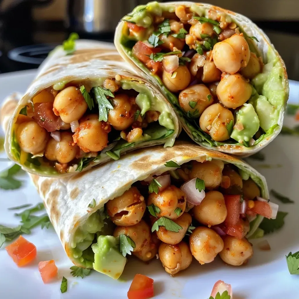['Close-up of a spicy chickpea and avocado wrap with vibrant ingredients.', 'Side view of a juicy chickpea and avocado wrap filled with fresh vegetables.', 'A delicious spicy chickpea and avocado wrap showcasing colorful fillings.', 'Detailed view of a wrap filled with chickpeas, avocado, and fresh toppings.']