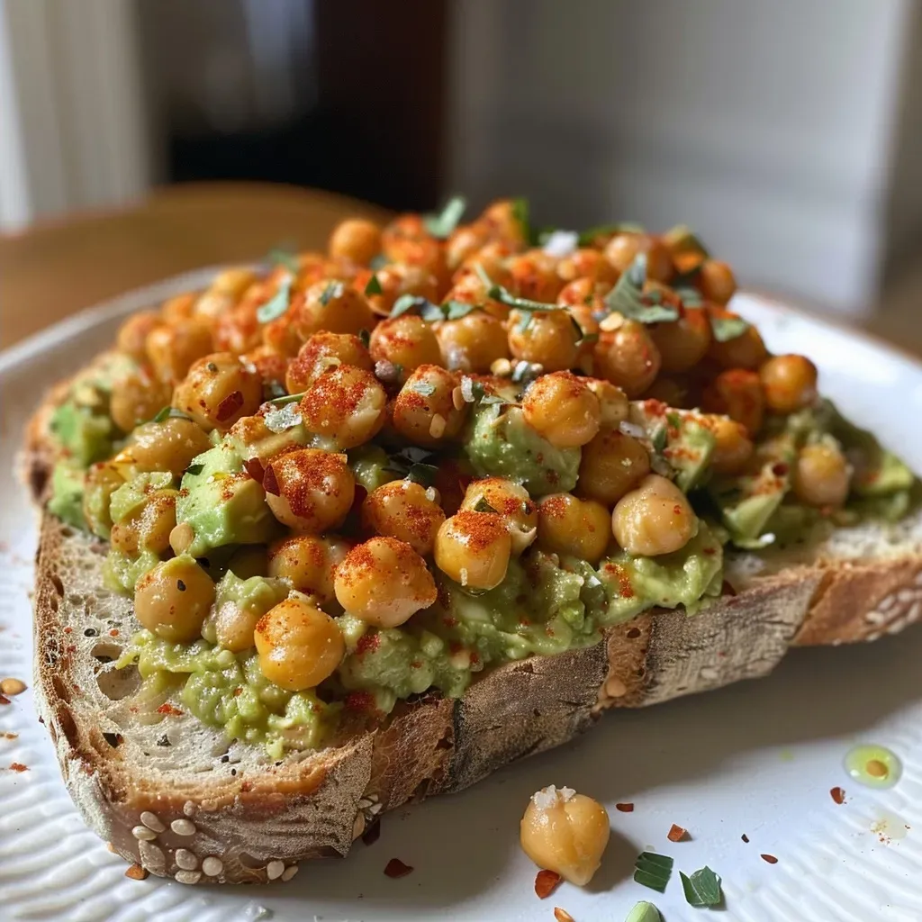 ['Close-up of a vibrant Spicy Chickpea Avocado Toast topped with chili flakes on sourdough bread.', 'A side view of a juicy Spicy Chickpea Avocado Toast showcasing chickpeas and avocado on toasted bread.', 'Detailed shot of a Spicy Chickpea Avocado Toast garnished with fresh herbs and chili flakes, highlighting textures.', 'Delicious Spicy Chickpea Avocado Toast piled high with chickpeas, creamy avocado, and spices on crispy bread.']
