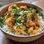 ['Close-up of a colorful cauliflower bowl topped with herbs and spices.', 'A vibrant dish featuring lemon-herb cauliflower with creamy yogurt sauce.', 'Side view of a Spicy Garlicky Lemon-Herb Cauliflower Bowl with fresh toppings.', 'Detailed shot of seasoned cauliflower, garnished with parsley and scallions.']