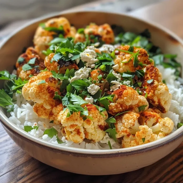 ['Close-up of a colorful cauliflower bowl topped with herbs and spices.', 'A vibrant dish featuring lemon-herb cauliflower with creamy yogurt sauce.', 'Side view of a Spicy Garlicky Lemon-Herb Cauliflower Bowl with fresh toppings.', 'Detailed shot of seasoned cauliflower, garnished with parsley and scallions.']