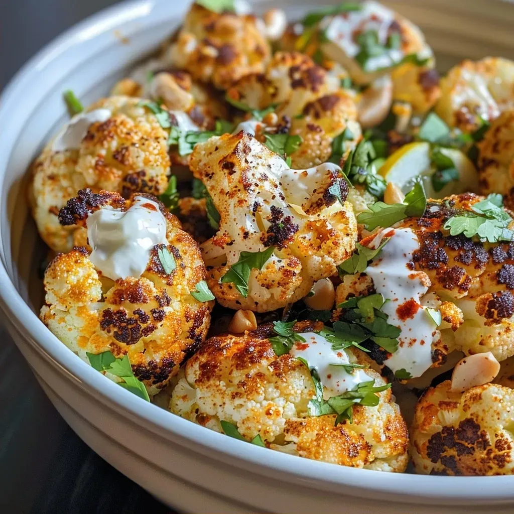 ['Close-up of a colorful cauliflower bowl topped with herbs and spices.', 'A vibrant dish featuring lemon-herb cauliflower with creamy yogurt sauce.', 'Side view of a Spicy Garlicky Lemon-Herb Cauliflower Bowl with fresh toppings.', 'Detailed shot of seasoned cauliflower, garnished with parsley and scallions.']