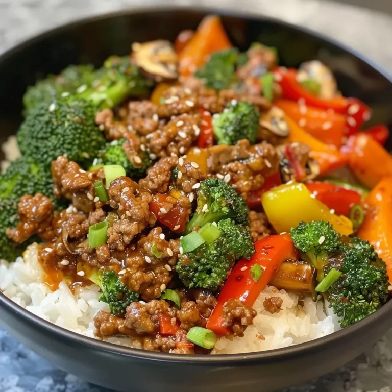 ['Close-up view of a colorful Spicy Ground Beef Stir-Fry Bowl with vibrant vegetables and rice.', 'Side view of a delicious Spicy Ground Beef Stir-Fry Bowl featuring broccoli, bell pepper, and zucchini on a bed of rice.', 'Juicy ground beef stir-fry mixed with garlic veggies served in a bowl, highlighted with steam rising from rice.', 'Freshly prepared Spicy Ground Beef Stir-Fry Bowl showcasing ground beef, mixed vegetables, and aromatic rice.']