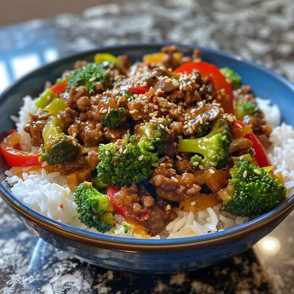 ['Close-up view of a colorful Spicy Ground Beef Stir-Fry Bowl with vibrant vegetables and rice.', 'Side view of a delicious Spicy Ground Beef Stir-Fry Bowl featuring broccoli, bell pepper, and zucchini on a bed of rice.', 'Juicy ground beef stir-fry mixed with garlic veggies served in a bowl, highlighted with steam rising from rice.', 'Freshly prepared Spicy Ground Beef Stir-Fry Bowl showcasing ground beef, mixed vegetables, and aromatic rice.']