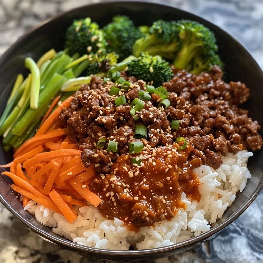 ['A close-up view of a Spicy Korean Beef Bowl featuring ground beef, broccoli, carrots, and rice.', 'A vibrant Spicy Korean Beef Bowl displayed with colorful vegetables and garnished with sesame seeds.', 'Detailed image of a Spicy Korean Beef Bowl with juicy beef, steamed broccoli, and rice in a bowl.', 'A side view of a Spicy Korean Beef Bowl showcasing the rich colors and textures of its ingredients.']