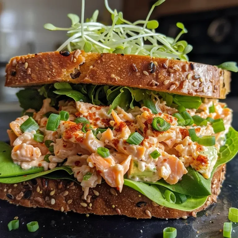['A close-up view of a spicy salmon salad sandwich with lettuce and sprouts.', 'A beautifully arranged spicy salmon salad sandwich on gluten-free bread.', 'Side view of a juicy spicy salmon salad sandwich with green onions and sriracha.', 'Fresh ingredients visible in a spicy salmon salad sandwich, served with romaine lettuce.']