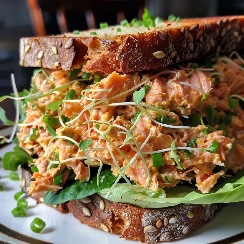 ['A close-up view of a spicy salmon salad sandwich with lettuce and sprouts.', 'A beautifully arranged spicy salmon salad sandwich on gluten-free bread.', 'Side view of a juicy spicy salmon salad sandwich with green onions and sriracha.', 'Fresh ingredients visible in a spicy salmon salad sandwich, served with romaine lettuce.']