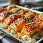 ['Close-up view of a Spicy Salmon Sushi Bake, showcasing layers of salmon, cream cheese, and green onions.', 'Side view of a delicious Spicy Salmon Sushi Bake, highlighting the creamy texture and colorful toppings.', 'A detailed shot of Spicy Salmon Sushi Bake, featuring flaked salmon, Kewpie mayonnaise, and nori.', 'Close-up side view of Spicy Salmon Sushi Bake, revealing the sushi rice and sriracha sauce.']
