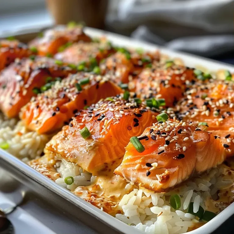 ['Close-up view of a Spicy Salmon Sushi Bake, showcasing layers of salmon, cream cheese, and green onions.', 'Side view of a delicious Spicy Salmon Sushi Bake, highlighting the creamy texture and colorful toppings.', 'A detailed shot of Spicy Salmon Sushi Bake, featuring flaked salmon, Kewpie mayonnaise, and nori.', 'Close-up side view of Spicy Salmon Sushi Bake, revealing the sushi rice and sriracha sauce.']