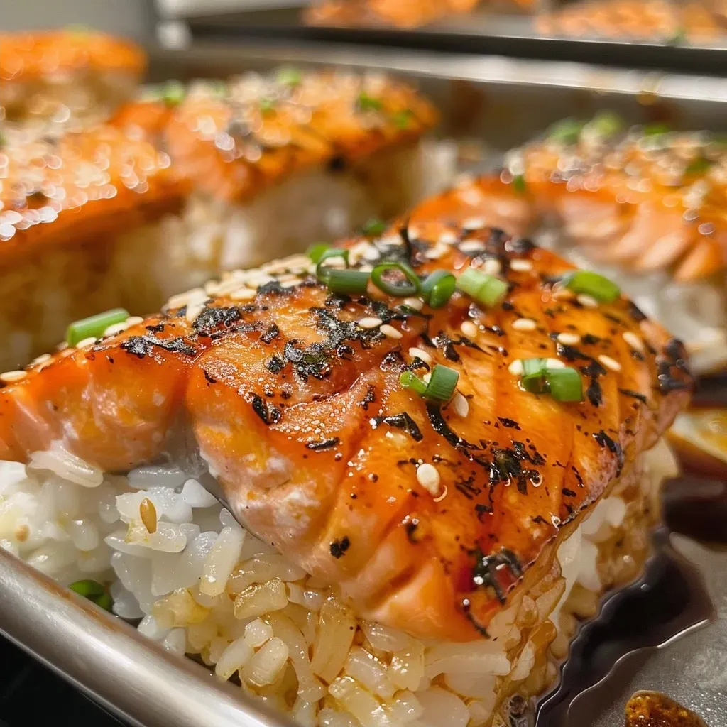 ['Close-up view of a Spicy Salmon Sushi Bake, showcasing layers of salmon, cream cheese, and green onions.', 'Side view of a delicious Spicy Salmon Sushi Bake, highlighting the creamy texture and colorful toppings.', 'A detailed shot of Spicy Salmon Sushi Bake, featuring flaked salmon, Kewpie mayonnaise, and nori.', 'Close-up side view of Spicy Salmon Sushi Bake, revealing the sushi rice and sriracha sauce.']