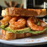 ['Close-up view of a spicy shrimp sandwich with avocado, served on a toasted bun.', 'Side view of a juicy spicy shrimp sandwich, highlighting shrimp and fresh ingredients.', 'Detailed image of a spicy shrimp sandwich featuring diced avocado and vibrant toppings.', 'Mouth-watering spicy shrimp sandwich displayed on a rustic wooden table.']