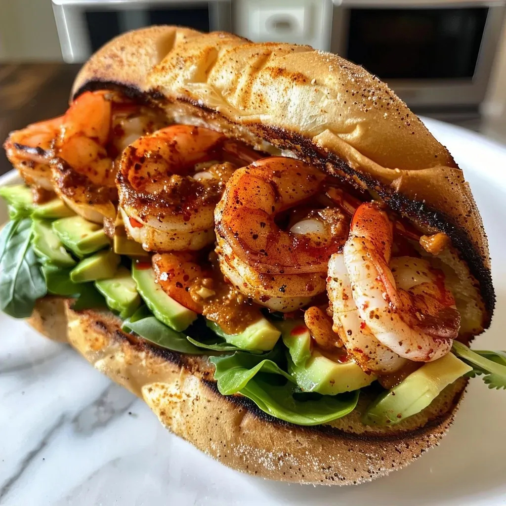 ['Close-up view of a spicy shrimp sandwich with avocado, served on a toasted bun.', 'Side view of a juicy spicy shrimp sandwich, highlighting shrimp and fresh ingredients.', 'Detailed image of a spicy shrimp sandwich featuring diced avocado and vibrant toppings.', 'Mouth-watering spicy shrimp sandwich displayed on a rustic wooden table.']