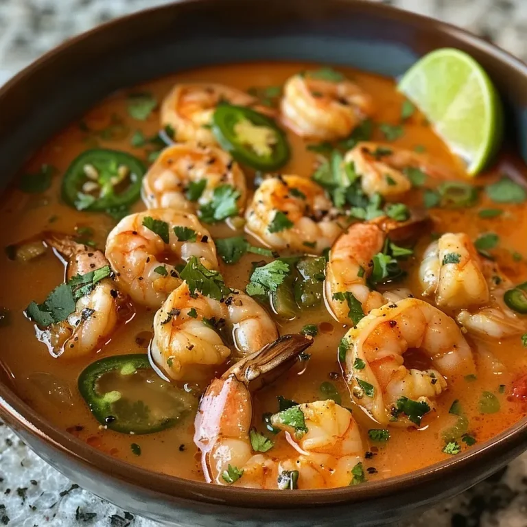 ['A close-up side view of a bowl filled with Spicy Shrimp Soup showcasing vibrant ingredients.', 'Close-up view of delicious Spicy Shrimp Soup with shrimp, jalapeños, and fresh herbs.', 'A beautifully presented bowl of Spicy Shrimp Soup featuring shrimp and colorful garnishes.', 'Side view of Spicy Shrimp Soup highlighting shrimp, spices, and a slice of lime.']