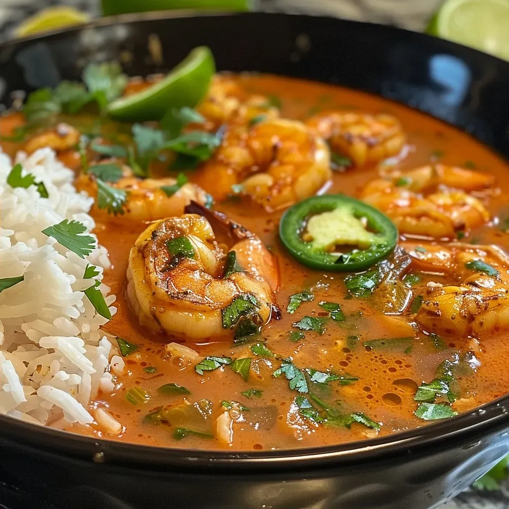 ['A close-up side view of a bowl filled with Spicy Shrimp Soup showcasing vibrant ingredients.', 'Close-up view of delicious Spicy Shrimp Soup with shrimp, jalapeños, and fresh herbs.', 'A beautifully presented bowl of Spicy Shrimp Soup featuring shrimp and colorful garnishes.', 'Side view of Spicy Shrimp Soup highlighting shrimp, spices, and a slice of lime.']