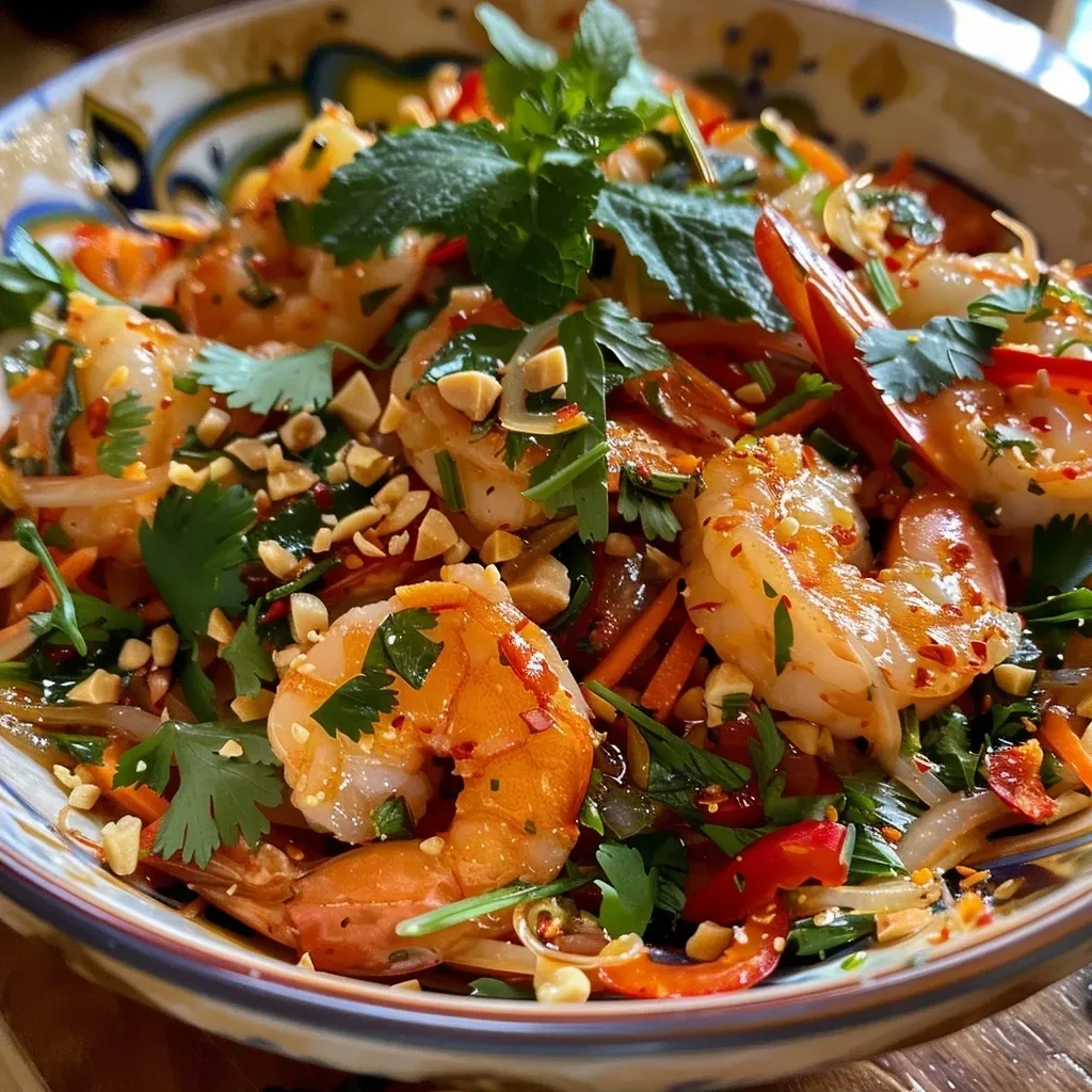 ['Close-up view of a vibrant Spicy Thai Shrimp Salad with colorful vegetables.', 'Side view of a plated Spicy Thai Shrimp Salad, showcasing shrimp and fresh greens.', 'Detailed image of a Spicy Thai Shrimp Salad, featuring shrimp, herbs, and dressing.', 'Lively presentation of Spicy Thai Shrimp Salad, highlighting its juicy shrimp and textures.']