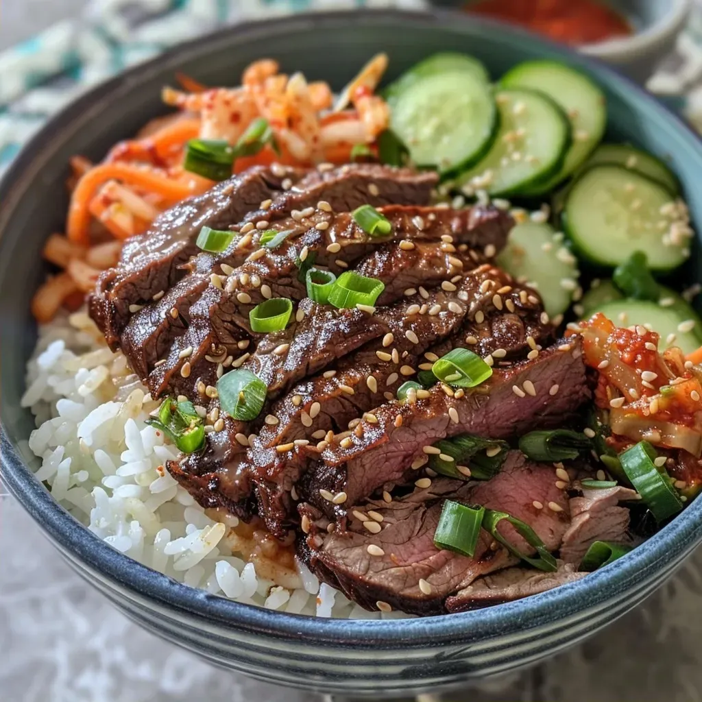 ['Close-up view of a steak rice bowl topped with diced avocado and fresh cilantro.', 'Side view of a delicious steak rice bowl with colorful toppings including tomatoes and red onion.', 'Juicy flank steak on a bed of jasmine rice, garnished with lime wedges and cilantro.', 'A vibrant steak rice bowl featuring layers of cooked rice, avocados, and sour cream.']