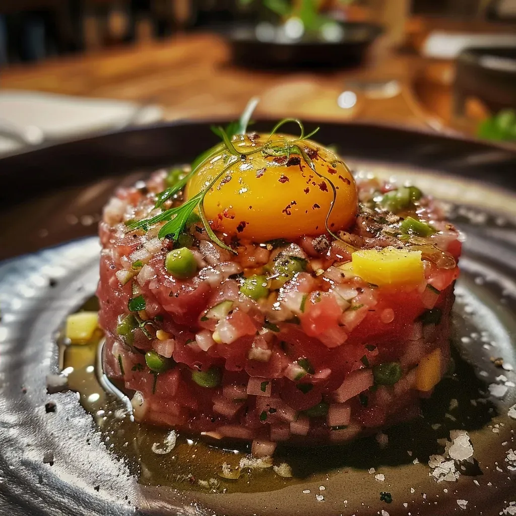 ['Close-up of beautifully plated Steak Tartare with golden fries.', 'Artistic presentation of raw Steak Tartare garnished with herbs and served with crispy fries.', 'Fresh Steak Tartare served in a bowl, accompanied by perfectly fried potato strips.', 'Side view of a gourmet Steak Tartare dish featuring vibrant colors and textures.']