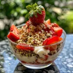 ['A close-up view of a Strawberry Quinoa Parfait layered with yogurt and fresh strawberries.', 'Side view of a vibrant Strawberry Quinoa Parfait in a glass showcasing layers of quinoa and fruit.', 'A rich, colorful Strawberry Quinoa Parfait displaying yogurt and strawberries in a clear container.', 'Detail of a Strawberry Quinoa Parfait featuring creamy layers of Greek yogurt and chopped strawberries.']