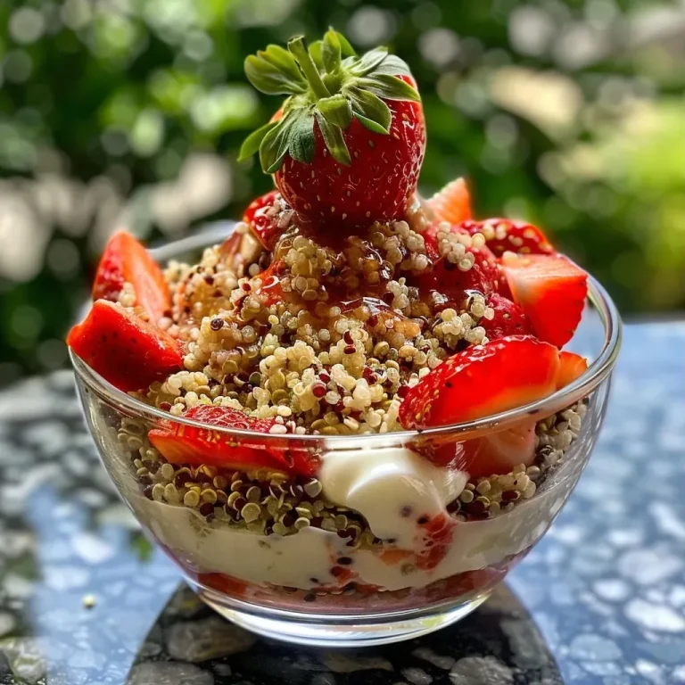 ['A close-up view of a Strawberry Quinoa Parfait layered with yogurt and fresh strawberries.', 'Side view of a vibrant Strawberry Quinoa Parfait in a glass showcasing layers of quinoa and fruit.', 'A rich, colorful Strawberry Quinoa Parfait displaying yogurt and strawberries in a clear container.', 'Detail of a Strawberry Quinoa Parfait featuring creamy layers of Greek yogurt and chopped strawberries.']