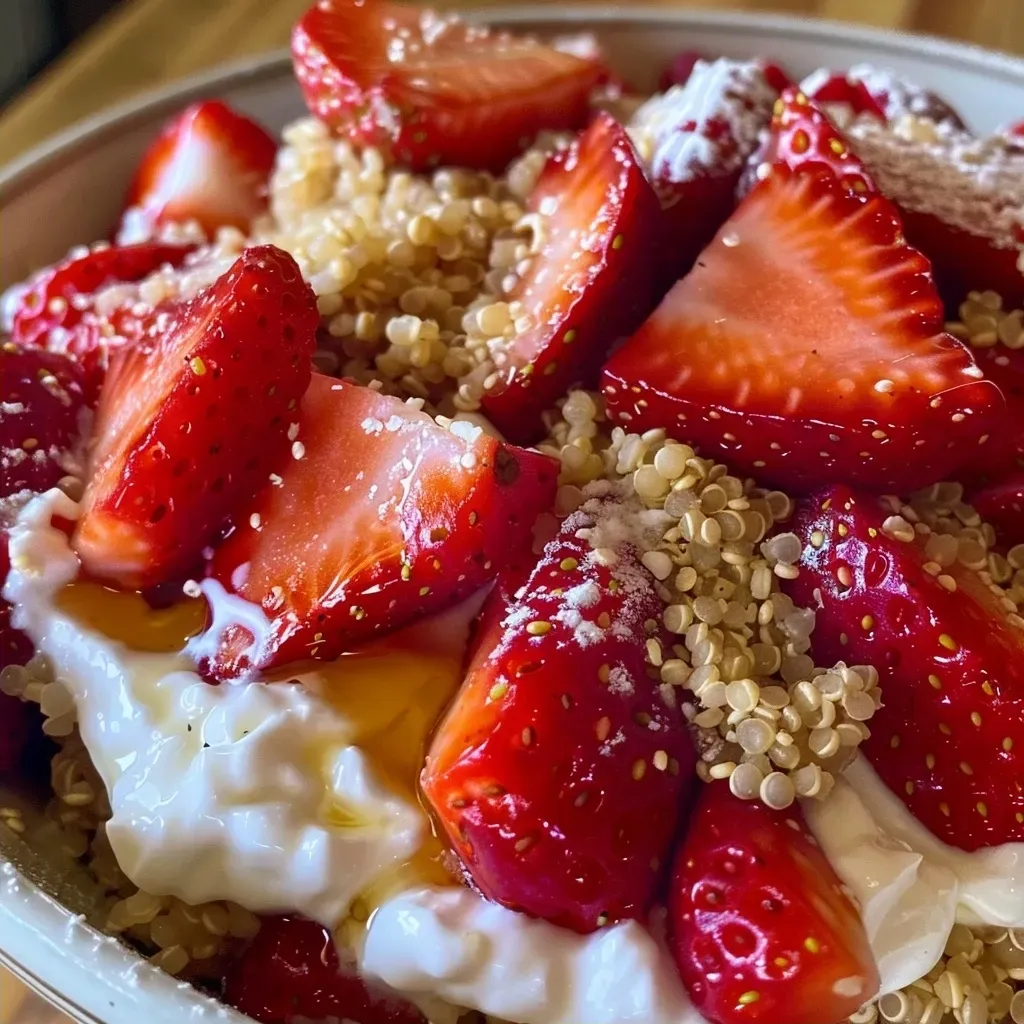 ['A close-up view of a Strawberry Quinoa Parfait layered with yogurt and fresh strawberries.', 'Side view of a vibrant Strawberry Quinoa Parfait in a glass showcasing layers of quinoa and fruit.', 'A rich, colorful Strawberry Quinoa Parfait displaying yogurt and strawberries in a clear container.', 'Detail of a Strawberry Quinoa Parfait featuring creamy layers of Greek yogurt and chopped strawberries.']