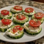 ['Close-up view of stuffed cucumber bites with cream cheese and tomatoes.', 'Side perspective of delicious cucumber appetizers filled with cream cheese mixture.', 'Juicy stuffed cucumber bites arranged on a plate, showcasing vibrant colors.', 'Detailed shot of hollowed cucumbers filled with creamy filling, topped with tomatoes.']