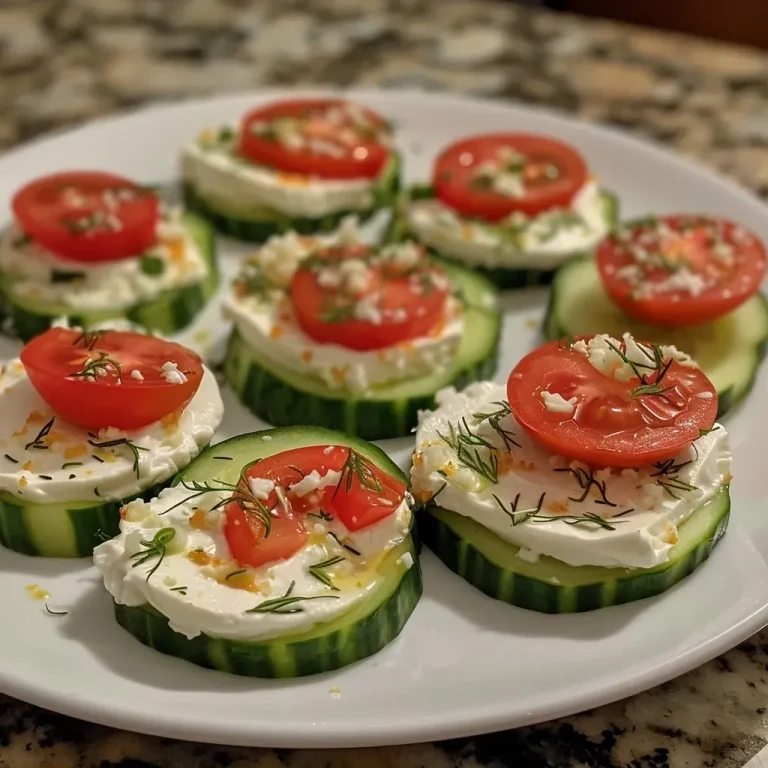 ['Close-up view of stuffed cucumber bites with cream cheese and tomatoes.', 'Side perspective of delicious cucumber appetizers filled with cream cheese mixture.', 'Juicy stuffed cucumber bites arranged on a plate, showcasing vibrant colors.', 'Detailed shot of hollowed cucumbers filled with creamy filling, topped with tomatoes.']