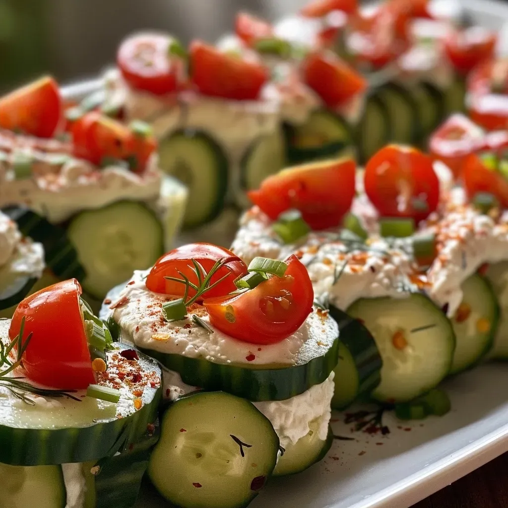 Close-up view of stuffed cucumber bites with cream cheese and tomatoes.