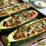 ['Juicy stuffed zucchini boats topped with melted cheese, viewed from the side.', 'Close-up of zucchini halves filled with ground beef mixture and cheese.', 'Stuffed zucchini boats garnished with parsley, showing a side profile view.', 'Side view of delicious stuffed zucchini filled with meat and sauce.']
