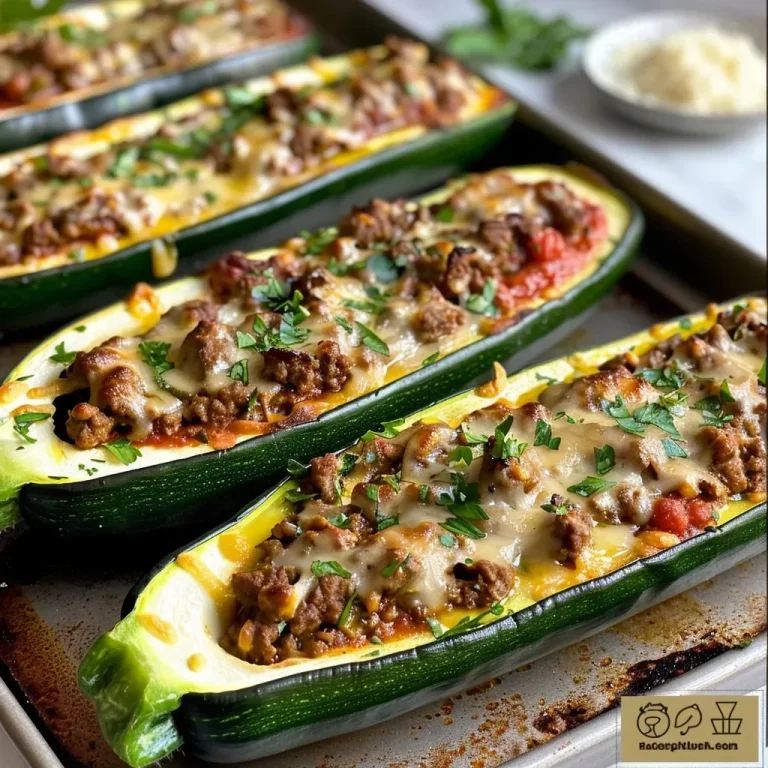 ['Juicy stuffed zucchini boats topped with melted cheese, viewed from the side.', 'Close-up of zucchini halves filled with ground beef mixture and cheese.', 'Stuffed zucchini boats garnished with parsley, showing a side profile view.', 'Side view of delicious stuffed zucchini filled with meat and sauce.']