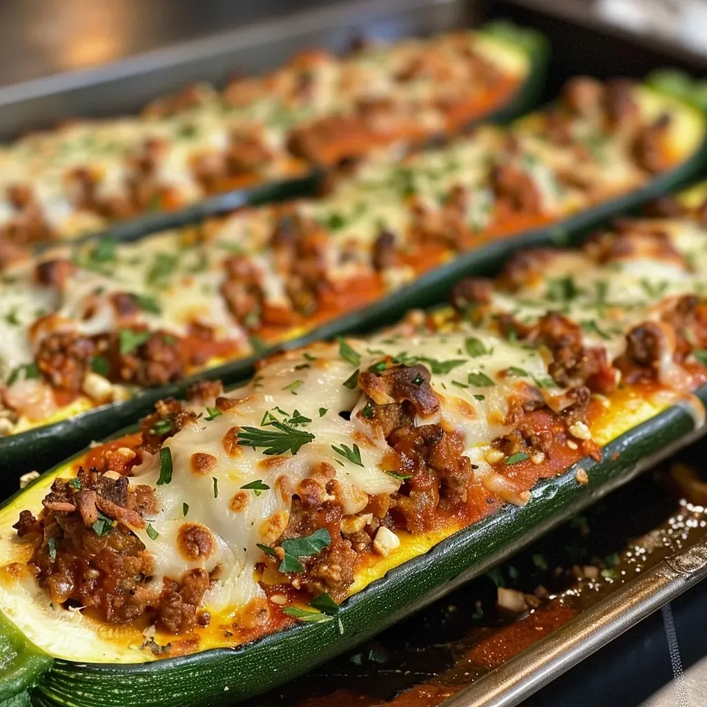 ['Juicy stuffed zucchini boats topped with melted cheese, viewed from the side.', 'Close-up of zucchini halves filled with ground beef mixture and cheese.', 'Stuffed zucchini boats garnished with parsley, showing a side profile view.', 'Side view of delicious stuffed zucchini filled with meat and sauce.']