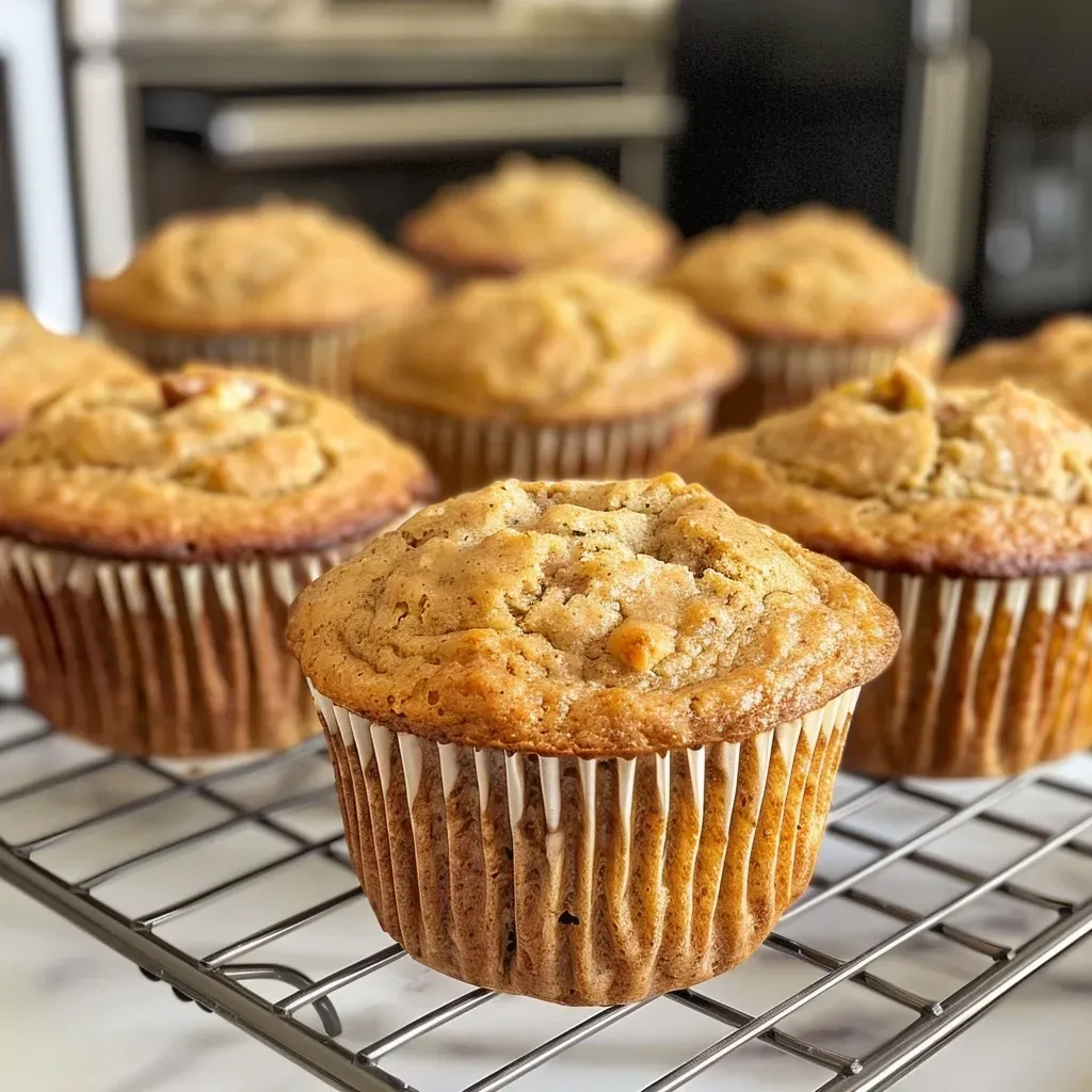['Close-up view of golden-brown sugar-free banana muffins, showcasing a soft texture and a sprinkle of walnuts.', 'Side view of freshly baked sugar-free banana muffins with a moist interior, featuring ripe bananas and a slight sheen from coconut oil.', 'Textured surface of sugar-free banana muffins, highlighting their fluffy consistency and the optional nut topping.', 'Juicy banana muffins on a wooden table, emphasizing their appetizing appearance and healthy ingredients.']