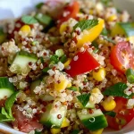 ['A vibrant bowl of Summer Quinoa Salad featuring various fresh vegetables and a honey shallot vinaigrette.', 'Close-up view of a colorful quinoa salad with cucumbers, tomatoes, corn, and greens, drizzled in vinaigrette.', 'A refreshing Summer Quinoa Salad showcasing red quinoa, bell pepper, and green herbs in a clear bowl.', 'A side view of a hearty salad made with quinoa, fresh veggies, and a glistening vinaigrette dressing.']