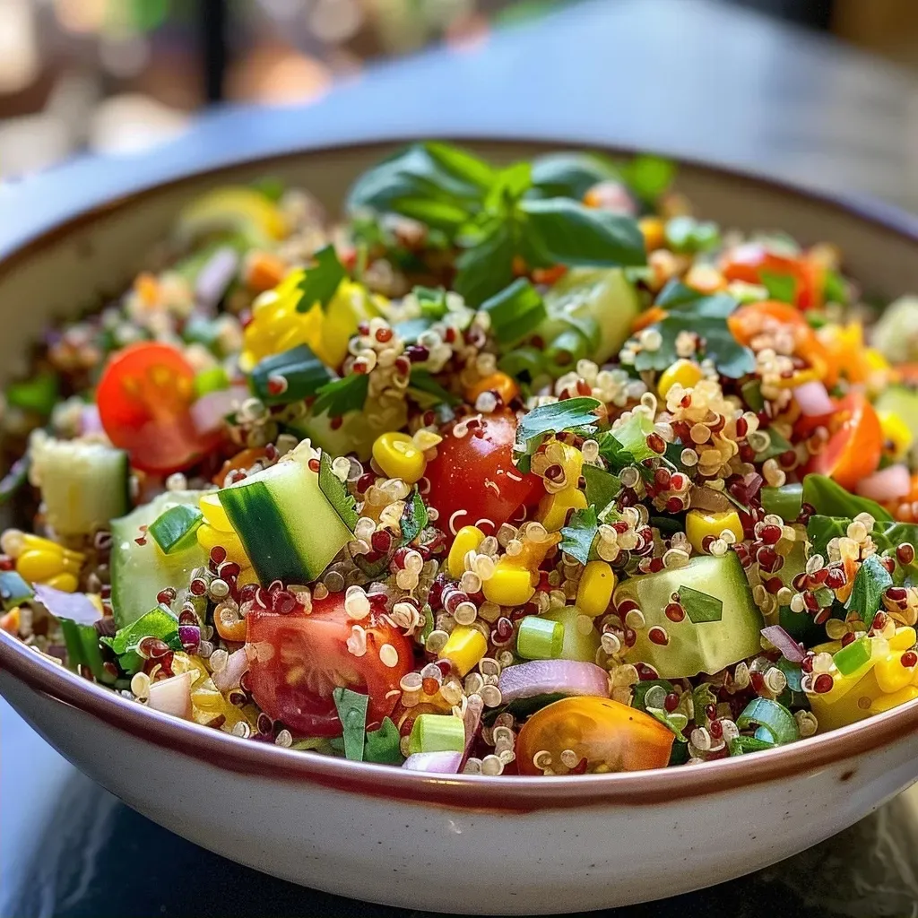 ['A vibrant bowl of Summer Quinoa Salad featuring various fresh vegetables and a honey shallot vinaigrette.', 'Close-up view of a colorful quinoa salad with cucumbers, tomatoes, corn, and greens, drizzled in vinaigrette.', 'A refreshing Summer Quinoa Salad showcasing red quinoa, bell pepper, and green herbs in a clear bowl.', 'A side view of a hearty salad made with quinoa, fresh veggies, and a glistening vinaigrette dressing.']