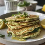 ['Close-up of fluffy green pancakes topped with smoked salmon and lemon wedges.', 'Side view of vibrant green pancakes garnished with dill and crème fraîche.', 'Juicy super green pancakes with a layer of smoked salmon and zesty lemon.', 'Delicious green pancakes served with fresh dill and lemon slices alongside smoked salmon.']