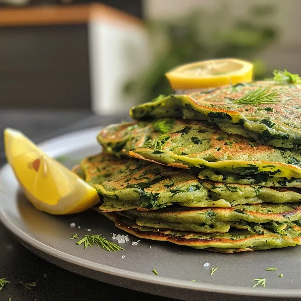 ['Close-up of fluffy green pancakes topped with smoked salmon and lemon wedges.', 'Side view of vibrant green pancakes garnished with dill and crème fraîche.', 'Juicy super green pancakes with a layer of smoked salmon and zesty lemon.', 'Delicious green pancakes served with fresh dill and lemon slices alongside smoked salmon.']