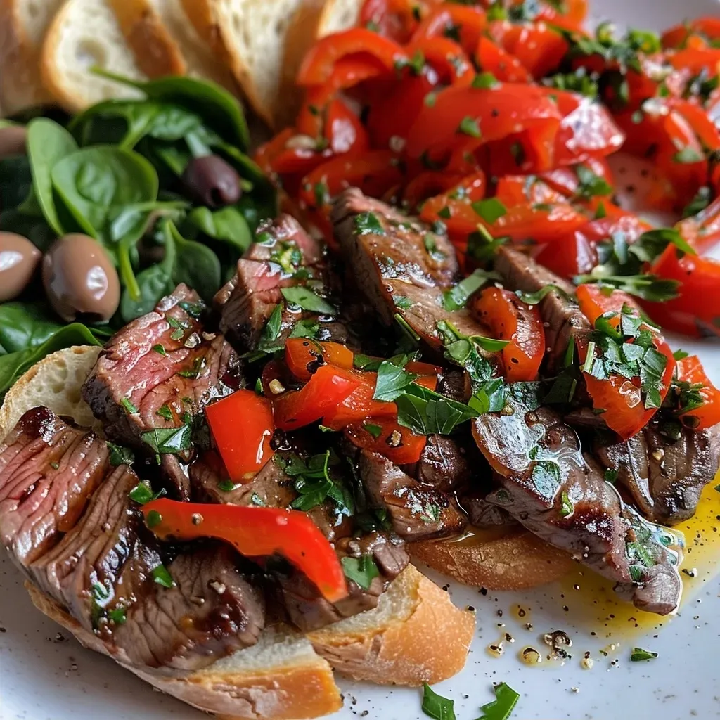['Close-up view of a steak and pepper parfait layered in a glass.', 'Side perspective of Tapas-style steak and peppers showcased in a parfait glass.', 'Succulent steak and vibrant red peppers in a parfait dish, garnished with herbs.', 'Delicious arrangement of steak, peppers, and olive garnishes in a tall glass.']