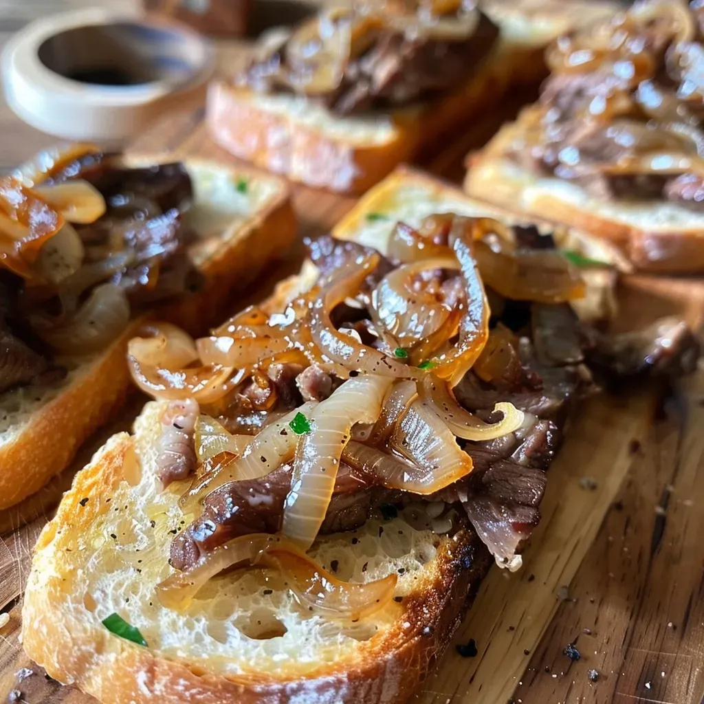 ['Close-up of a juicy tartine topped with beef and caramelized onions.', 'Side view of tartines featuring beef, caramelized onions, and arugula.', 'Plate of grilled tartines with layers of beef, onions, and cheddar cheese.', 'Delicious tartines showcasing tender beef and golden caramelized onions.']