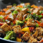 ['Close-up view of a vibrant tofu stir fry with assorted vegetables.', 'Side view of a colorful tofu stir fry featuring fresh broccoli, bell peppers, and carrots.', 'Juicy tofu cubes and a medley of vegetables stir-fried in a rich sauce.', 'Detailed look at tofu stir fry with mushrooms, snap peas, and green onions.']