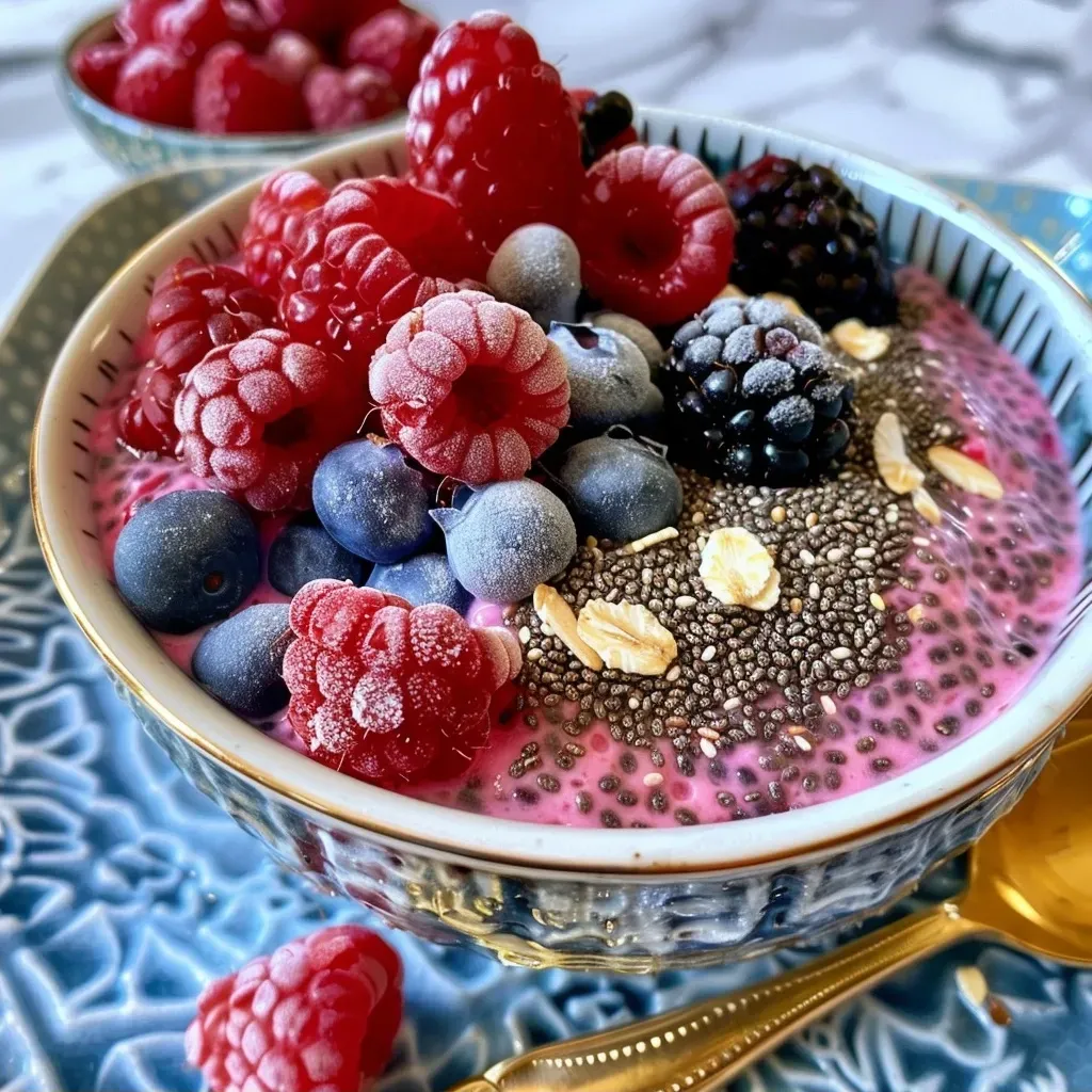 Close-up view of a layered Triple Berry Chia Pudding with fresh berries on top.